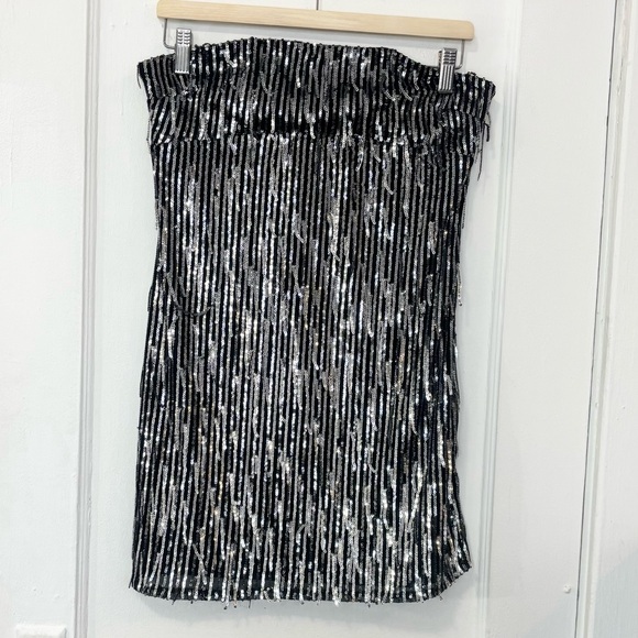 Silence + Noise Womens Black & Silver Sequins Fringe Strapless Mini Dress,Size L - Picture 3 of 14